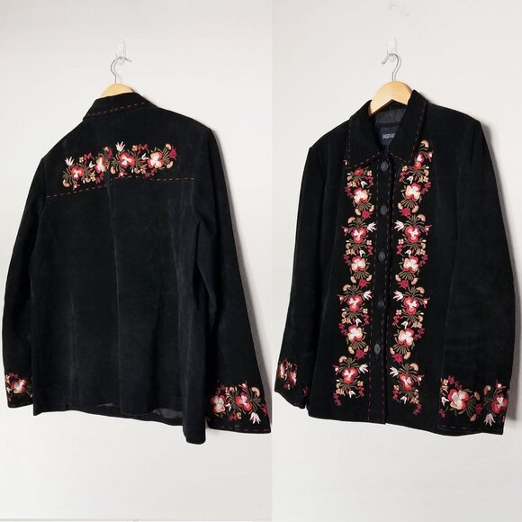 Bernardo Women's XL Suede Genuine Leather Floral Embroidered Jacket Coat Black - Picture 12 of 16